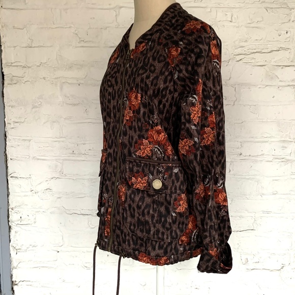 Bomber jacket brown leopard print floral pattern Large lightweight - Picture 2 of 8